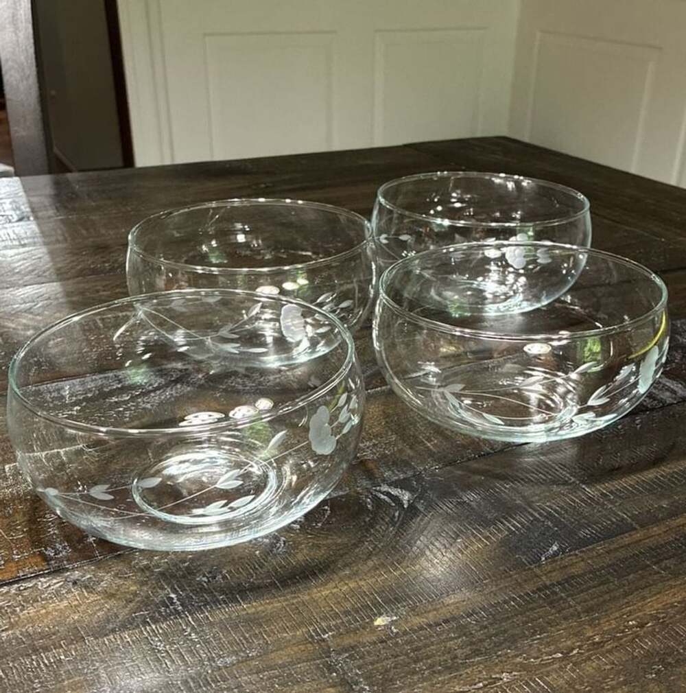 Princess House Heritage Salad Bowls Set Of 4. 5 Inch Clear Etched Floral
